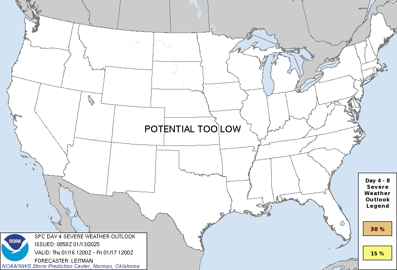 Day 4 Severe Weather Outlook Graphics Issued on Jan 13, 2025