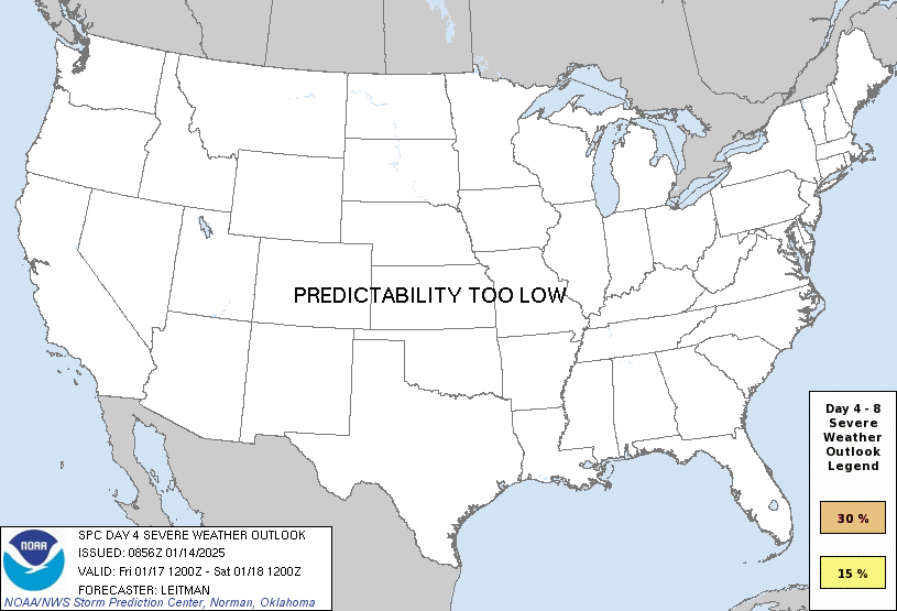 Day 4 Severe Weather Outlook Graphics Issued on Jan 14, 2025