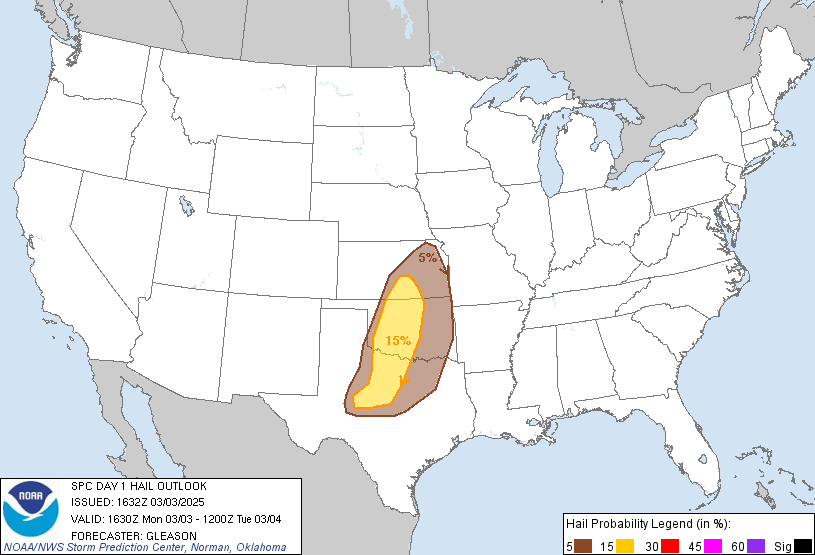 20250303 1630 UTC Day 1 Large Hail Probabilities Graphic