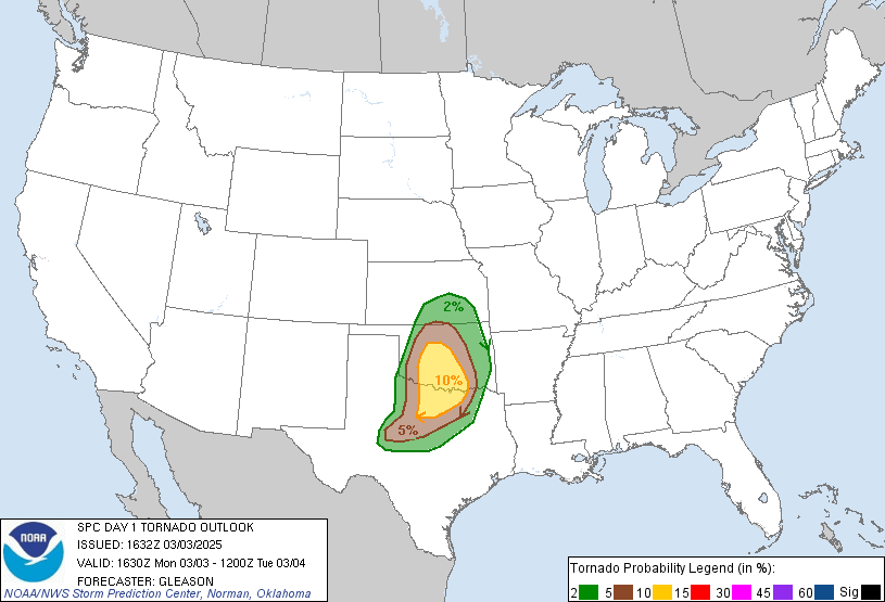 20250303 1630 UTC Day 1 Tornado Probabilities Graphic