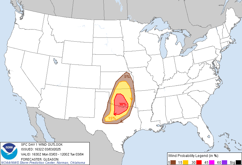 20250303 1630 UTC Day 1 Damaging Wind Probabilities Graphic