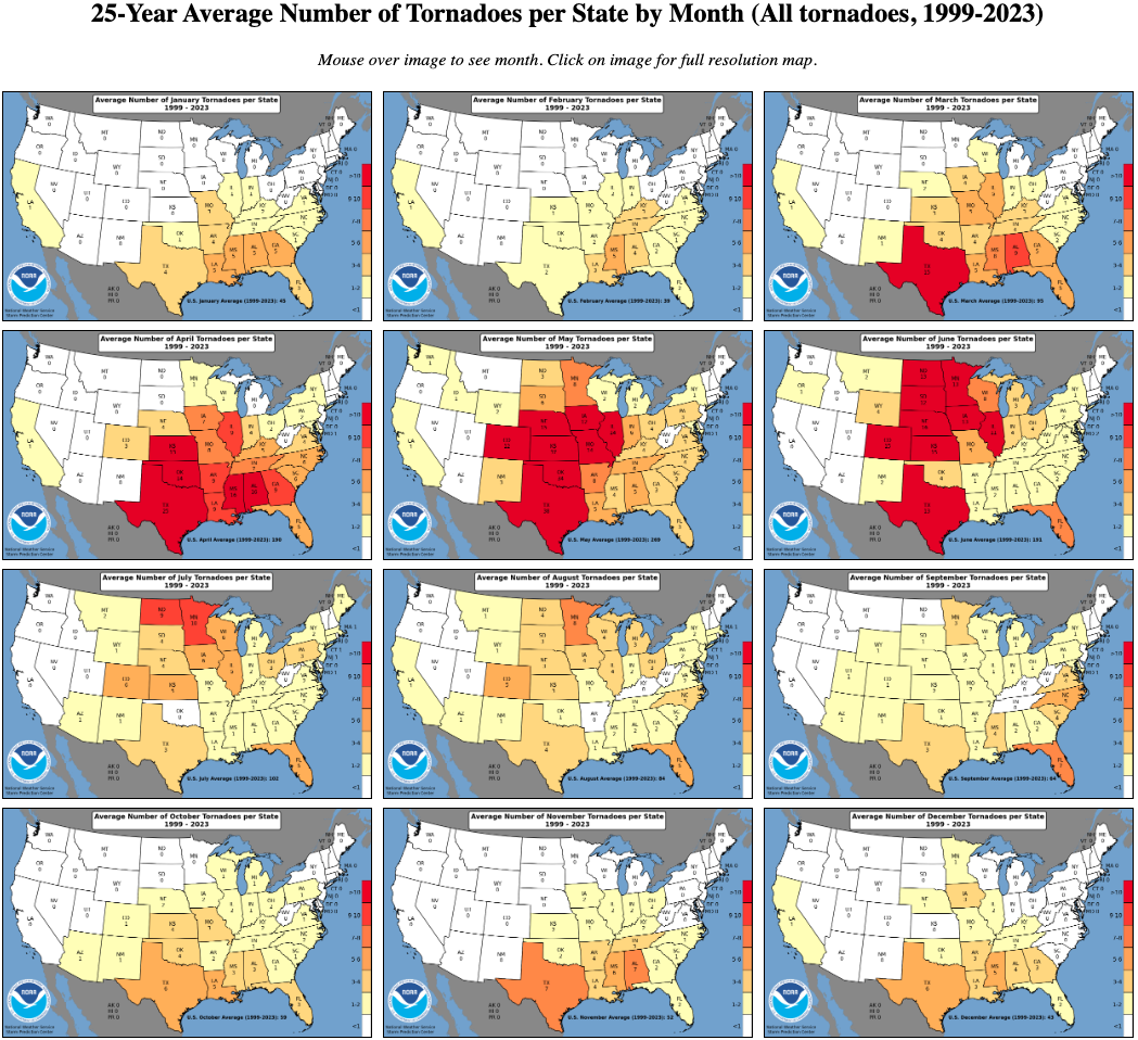 Maps of Average State Tornadoes per Month